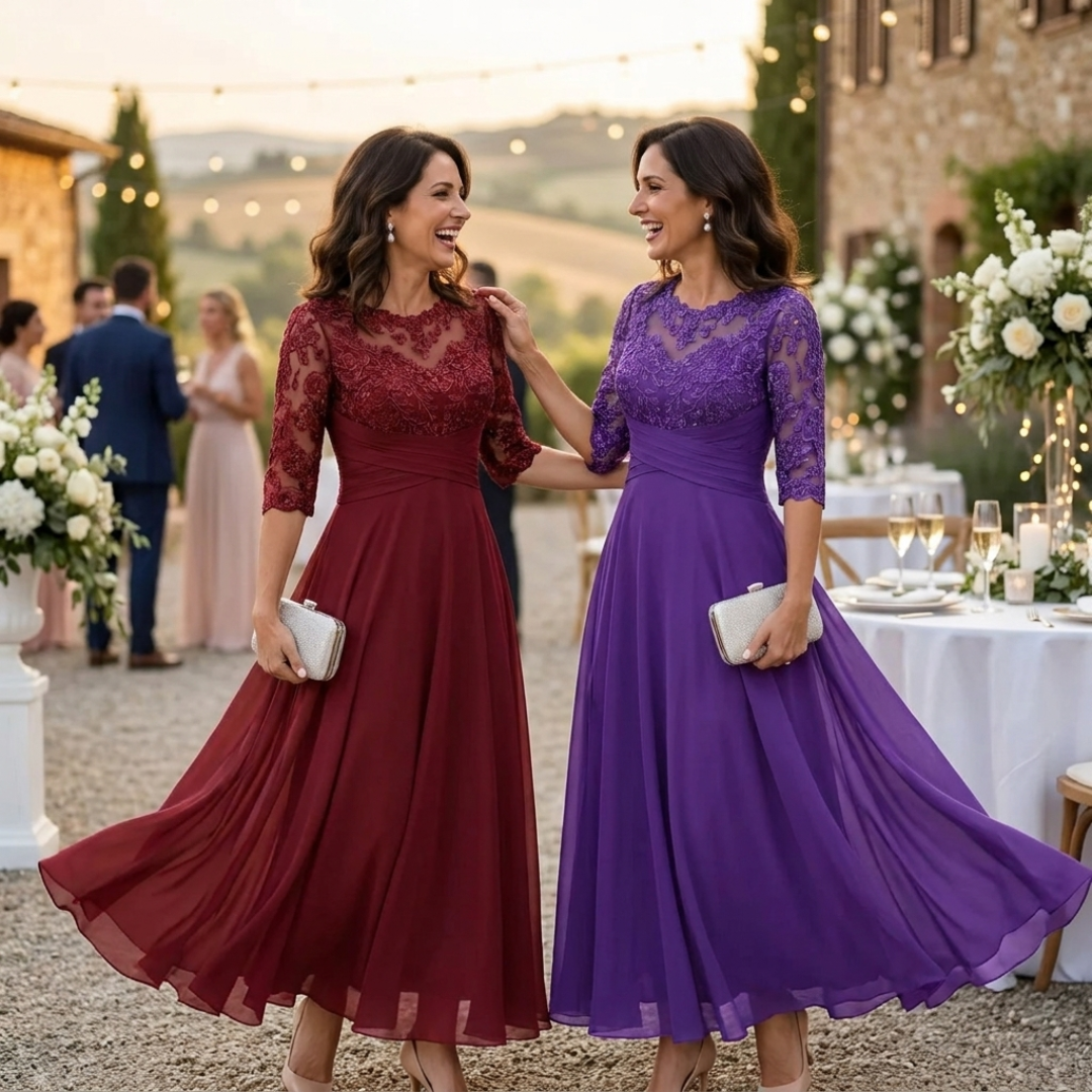 Olanthe Abito da Sera Donna – Pizzo &amp; Mousseline, Maniche 3/4 &amp; Taglio A-Line Elegante