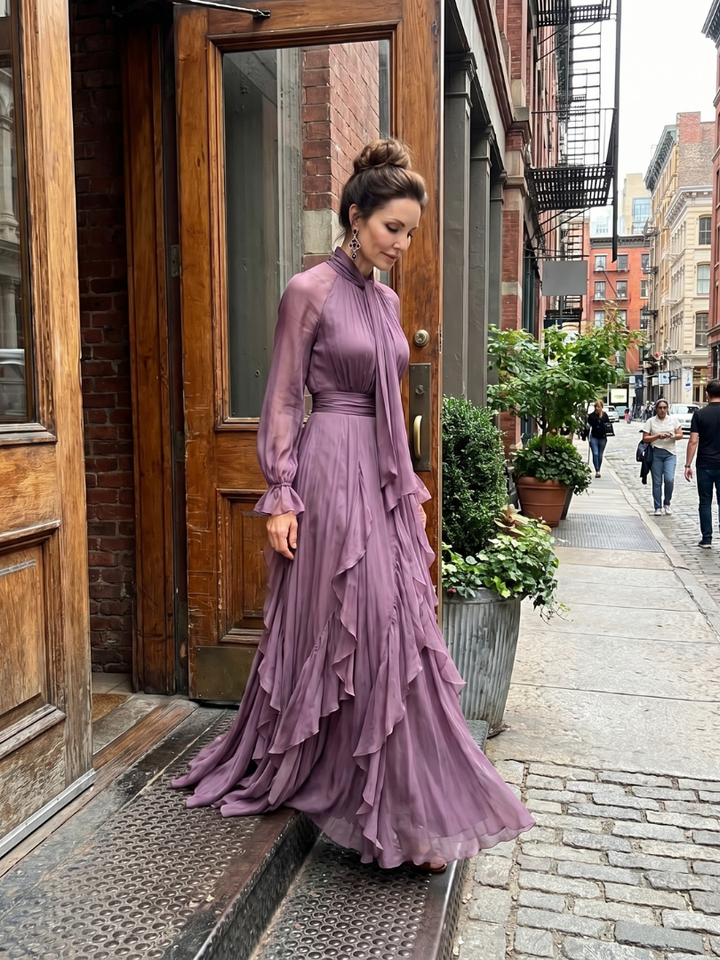 Demetria | Abito Maxi con Fiocco al Collo e Balze Stratificate