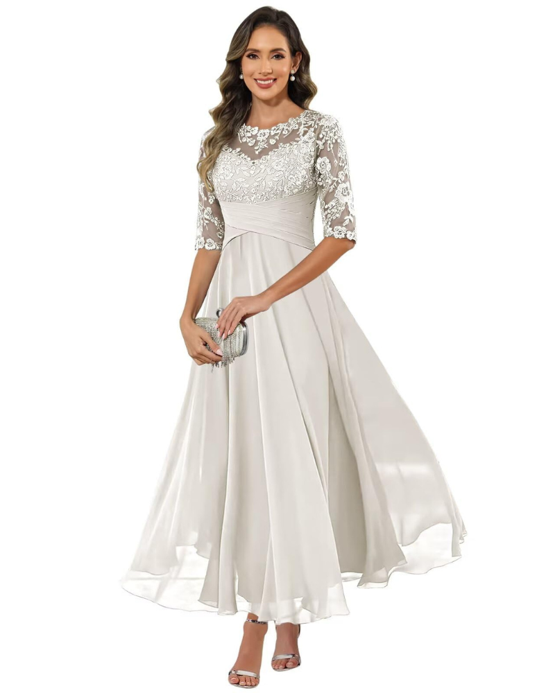 Olanthe Abito da Sera Donna – Pizzo &amp; Mousseline, Maniche 3/4 &amp; Taglio A-Line Elegante