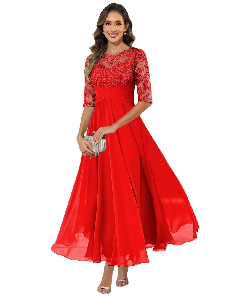 Olanthe Abito da Sera Donna – Pizzo &amp; Mousseline, Maniche 3/4 &amp; Taglio A-Line Elegante