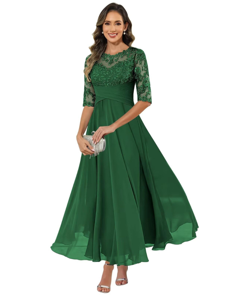 Olanthe Abito da Sera Donna – Pizzo &amp; Mousseline, Maniche 3/4 &amp; Taglio A-Line Elegante