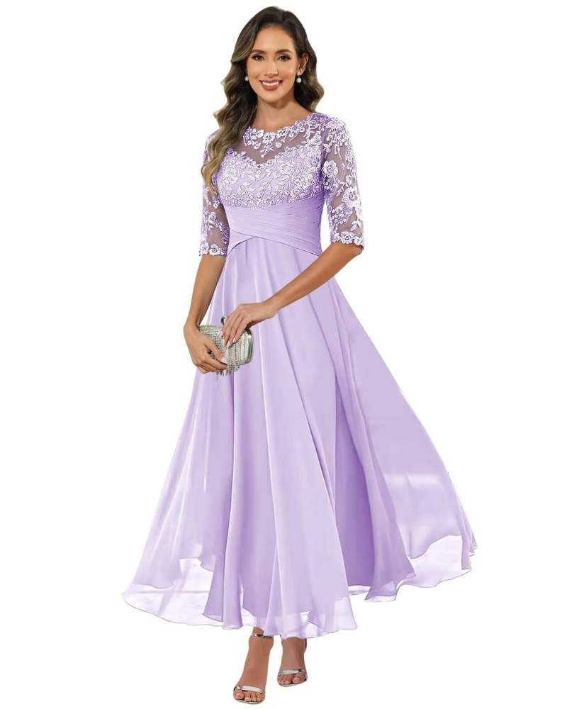 Olanthe Abito da Sera Donna – Pizzo &amp; Mousseline, Maniche 3/4 &amp; Taglio A-Line Elegante