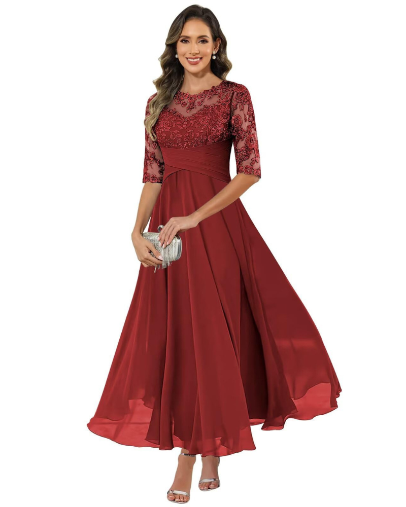 Olanthe Abito da Sera Donna – Pizzo &amp; Mousseline, Maniche 3/4 &amp; Taglio A-Line Elegante