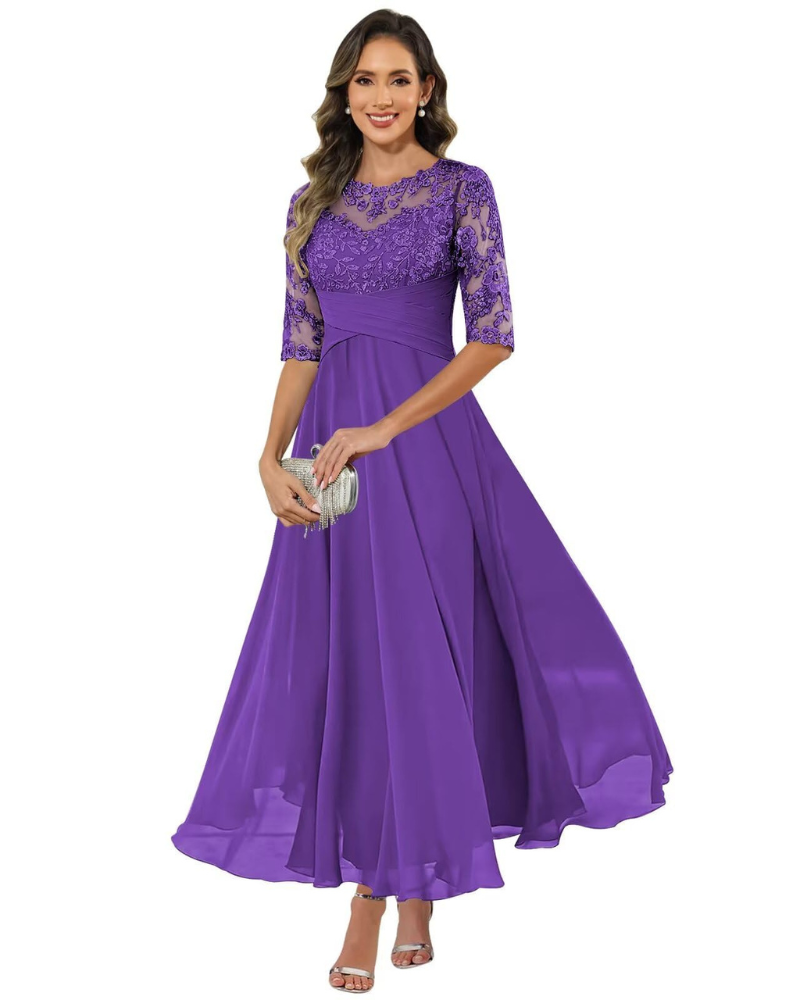 Olanthe Abito da Sera Donna – Pizzo &amp; Mousseline, Maniche 3/4 &amp; Taglio A-Line Elegante