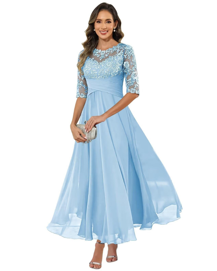 Olanthe Abito da Sera Donna – Pizzo &amp; Mousseline, Maniche 3/4 &amp; Taglio A-Line Elegante