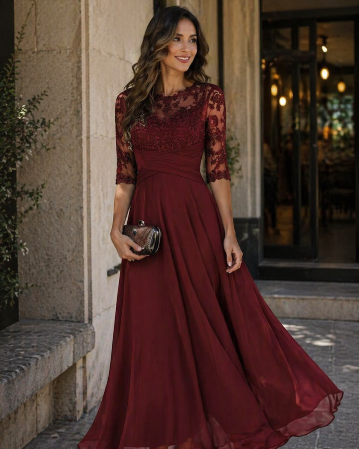 Olanthe Abito da Sera Donna – Pizzo &amp; Mousseline, Maniche 3/4 &amp; Taglio A-Line Elegante