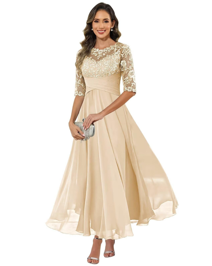 Olanthe Abito da Sera Donna – Pizzo &amp; Mousseline, Maniche 3/4 &amp; Taglio A-Line Elegante