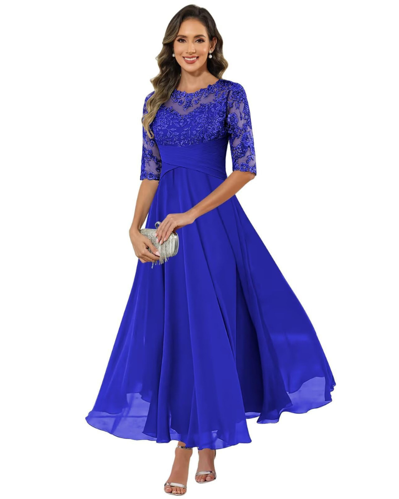 Olanthe Abito da Sera Donna – Pizzo &amp; Mousseline, Maniche 3/4 &amp; Taglio A-Line Elegante