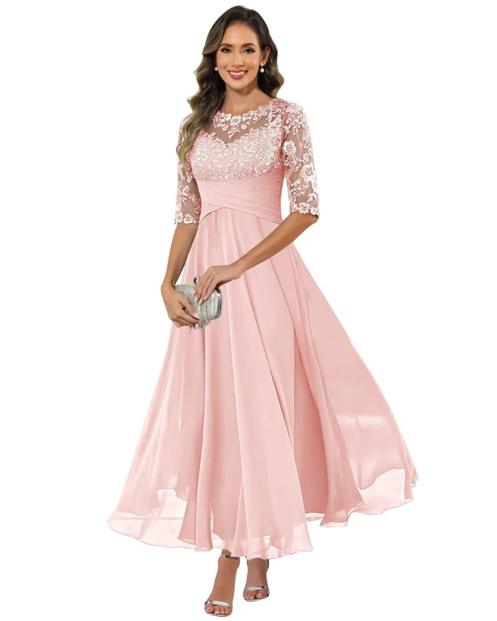 Olanthe Abito da Sera Donna – Pizzo &amp; Mousseline, Maniche 3/4 &amp; Taglio A-Line Elegante