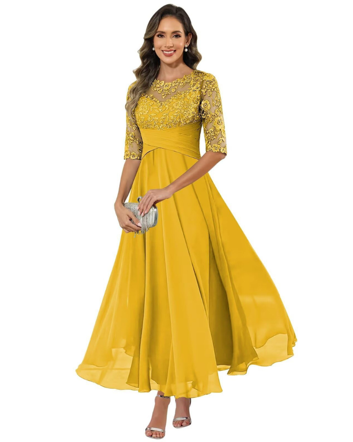 Olanthe Abito da Sera Donna – Pizzo &amp; Mousseline, Maniche 3/4 &amp; Taglio A-Line Elegante