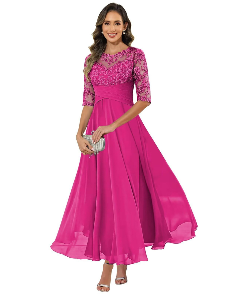 Olanthe Abito da Sera Donna – Pizzo &amp; Mousseline, Maniche 3/4 &amp; Taglio A-Line Elegante