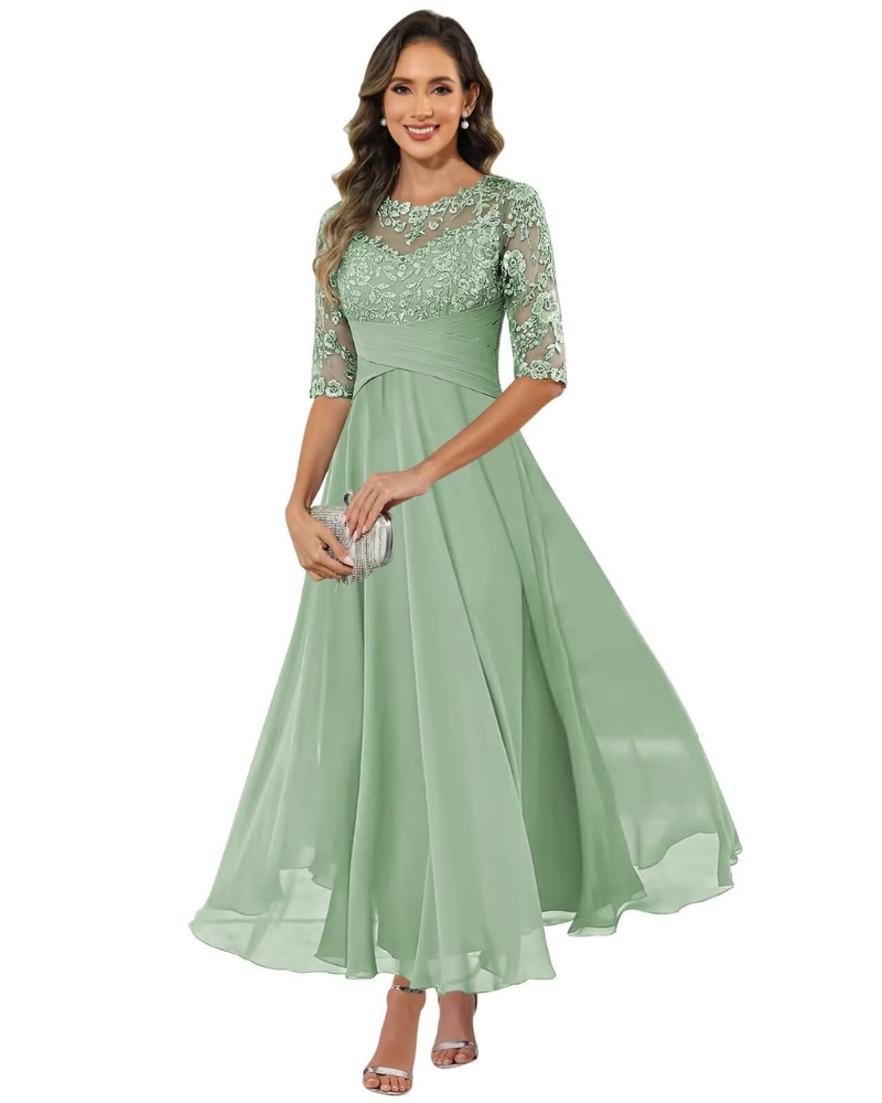 Olanthe Abito da Sera Donna – Pizzo &amp; Mousseline, Maniche 3/4 &amp; Taglio A-Line Elegante
